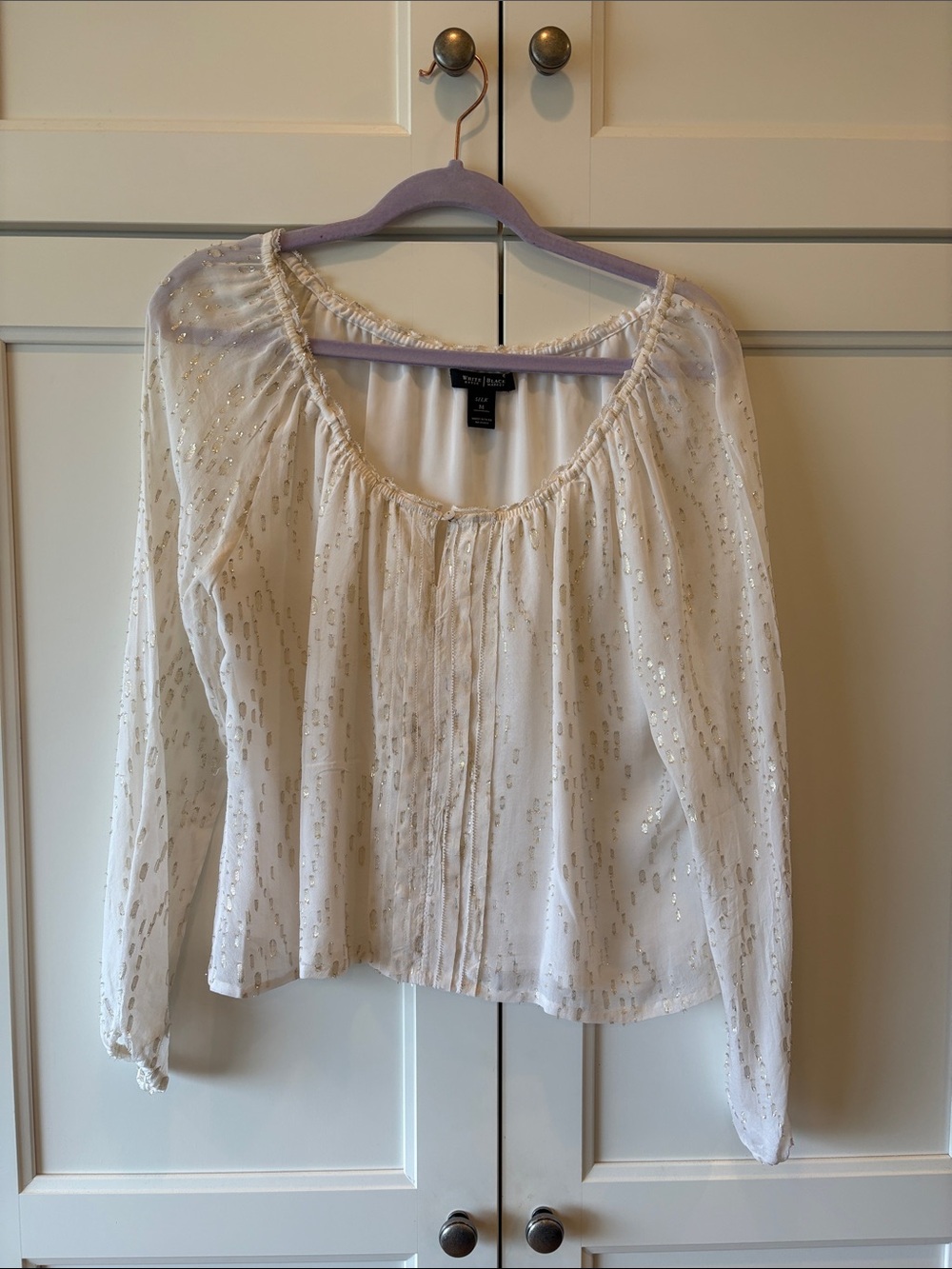 White House Black Market White Metallic-Accent Peasant Blouse